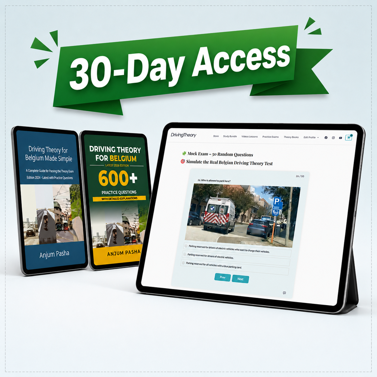 Online practice exam 30-day access — 600+ Belgian driving theory questions